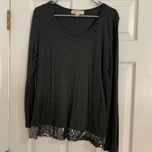Michael Kors dark grey, long-sleeved t-shirt with sequined trim on bottom.